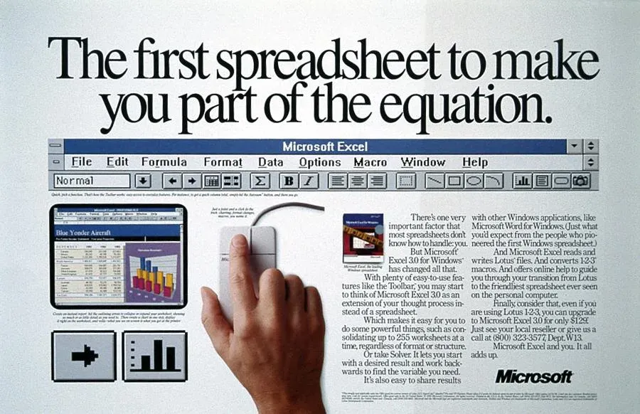 A 1992 advertisement for Excel For Windows 3.0 with the headline "The first spreadsheet to make you part of the equation."